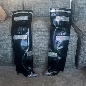 Black Rhinestone Embellished Leather Knee-High Boots